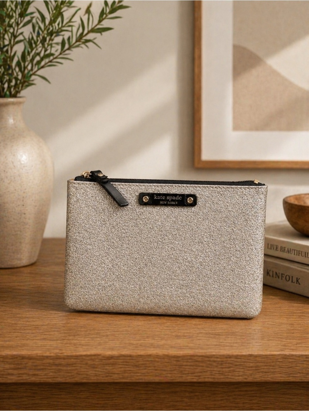kate spade metallic silver glitter wristlet clutch